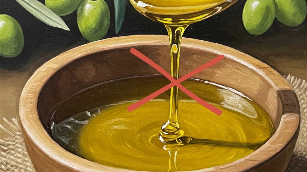Olio in una scodella che cola da un cucchiao